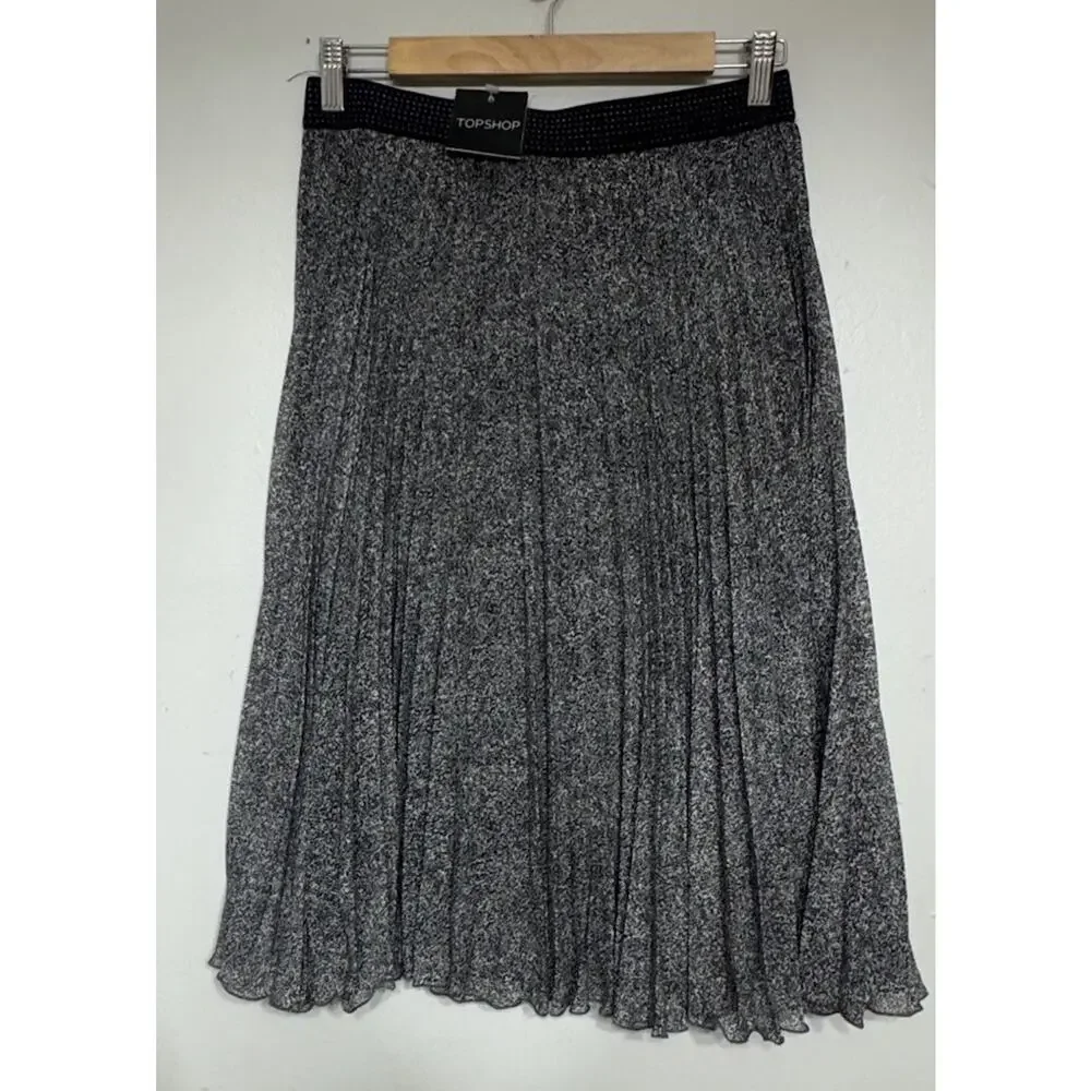 Topshop Midi Pleated Skirt Grey Women’s Size 8 Pull-On Speckled Lined NEW